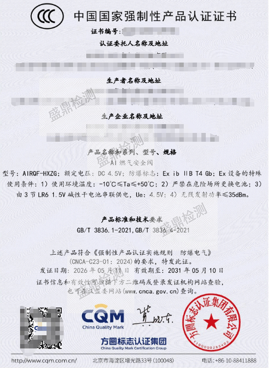 AI燃气安全阀防爆3c证书案例